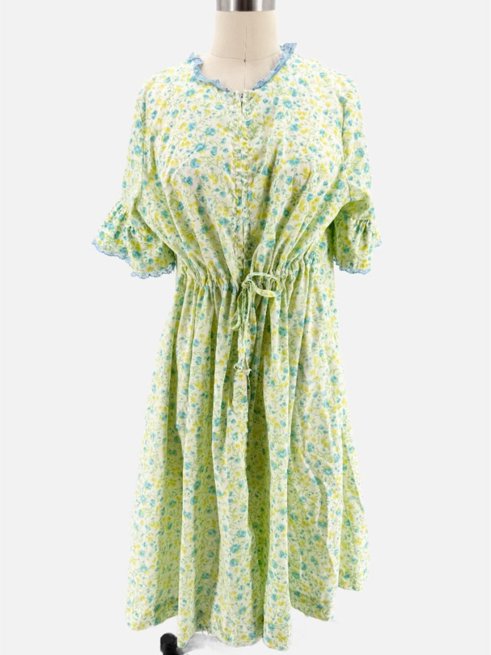 LOUNGEES Pettirobe Vtg Green Blue Floral Pockets MuMu House Dress Loungewear M - Picture 14 of 14